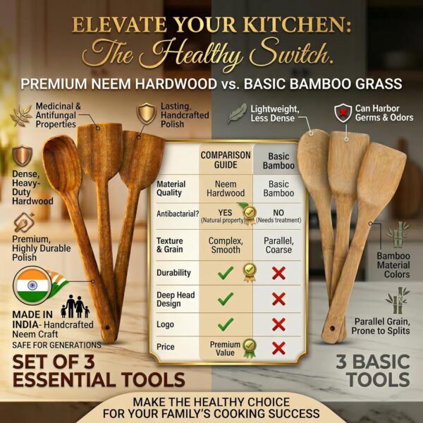 Neem Wood Spoons for Cooking, 3-Piece Set - Handcrafted Wooden Kitchen Utensil Set for Non-Stick Cookware | Serving Spoon, Wide Flipper & Narrow Spatula | Heat Resistant & Eco-Friendly