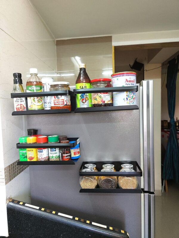 OrganizeMee Magnetic shelves Magnetic rack for fridge [25 X 12 Cm] Wall Mount Spice Rack, Bottle Holder for Fridge, Washing Machine,Microwave Organizer,side storage rack (Black Qty:1)