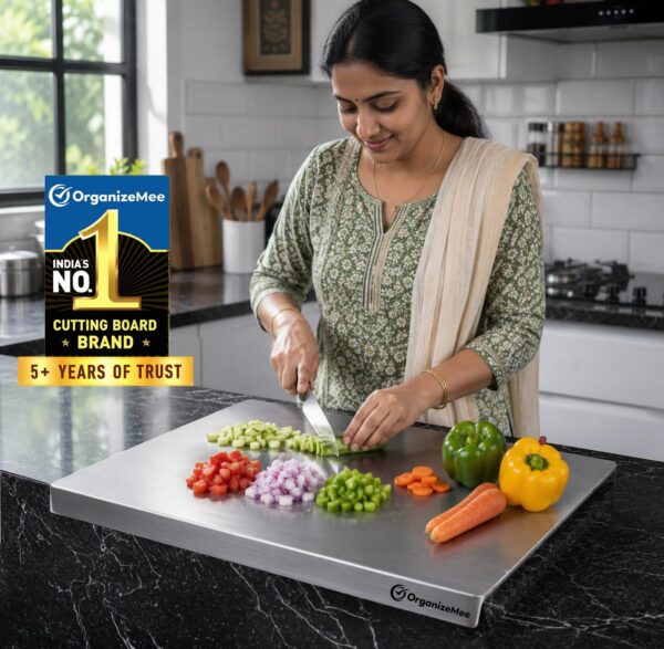 OrganizeMee Premium (35x30cm) Stainless Steel Chopping Board | Steel Kitchen Counter top for Cutting, Vegetable Chopper, for Meat & Veggies Items, Chopping Board Steel pad (Medium Platform)