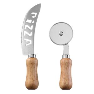Pizza Cutter & Rocker Knife Set Stainless Steel with Wooden Handle Cheese Cutter Wheel 2 Pcs Kitchen Tool for Pizza Slicing Baking Accessories