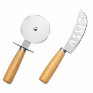 Pizza Cutter Set 2-in-1 Stainless Steel Wheel & Rocker Knife with Wooden Handle - Serrated Blade Pizza Slicer and Rotating Cutter for Kitchen Baking Tools | Easy Slice for Pizza, Cheese and Bread