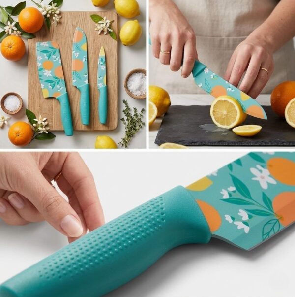 Professional 3-Piece Kitchen Knife Set - High Carbon Stainless Steel Chef, Utility & Santoku Knives with Ergonomic Blue Handles (3 Pc Knife Set) (Blue)