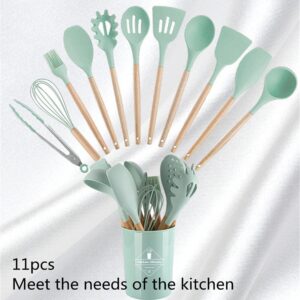QUIRA Kitchen Utensil Set Silicone,11Pcs Wooden Handles Spatula Set,Cooking Utensils for Non Stick Pans,Silicone Spatulas for Cooking Kitchen