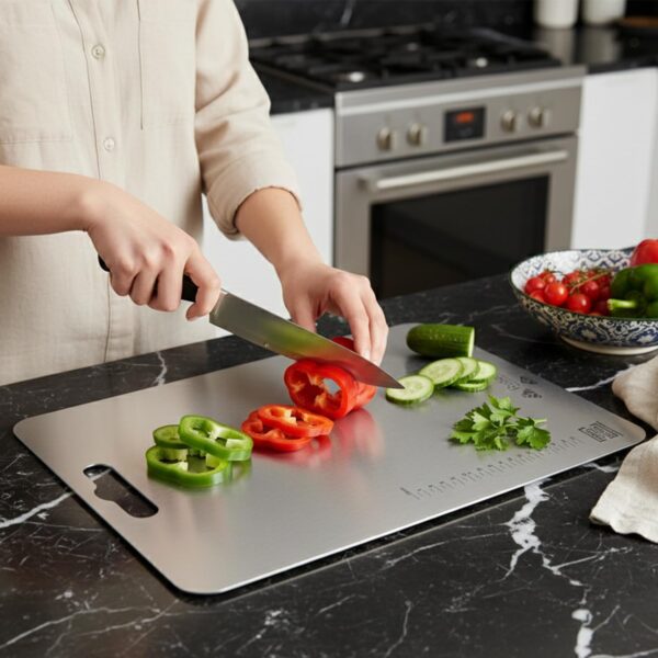 Rusabl Premium Food Grade Stainless Steel Chopping Board for Kitchen (Rectangular, 31 x 21 cm, Medium), BIS Certified, Anti-Rust, Non-Slip Cutting Board for Slicing Fruits, Vegetables, Kneading Board