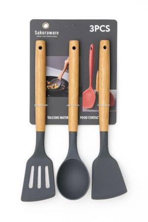 Sakoraware Silicone Spatula Set with Wooden Handle Kitchen Tools Mixing Sakoraware Silicone Spatula Set with Wooden Handle Kitchen Tools Mixing | Serving Cooking Spoon | Turner | Soup Ladle | Non-Stick | BPA Free Kitchen Tools Set of 3 (Black)