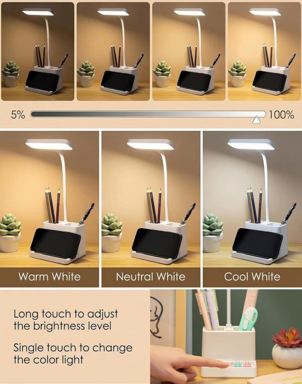 SaleOn Rechargeable Stable Desk Lamp with USB Cable | 3 Color Modes | 6 Month Warranty | Mobile Holder | Eye Protection | Study & Reading Table Lamp | Touch Control | Non-Flickering