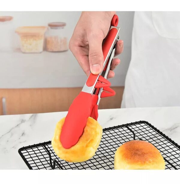 Set of 3 Stainless Steel Food Tongs with Silicone Tips, 3 Types Heavy Duty Non-Stick Clamp Clip for Kitchen BBQ Cooking Grilling Buffet Noodles Salad Steak (RED)