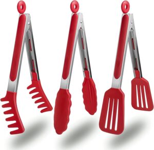 Set of 3 Stainless Steel Food Tongs with Silicone Tips, Set of 3 Stainless Steel Food Tongs with Silicone Tips, 3 Types Heavy Duty Non-Stick Clamp Clip for Kitchen BBQ Cooking Grilling Buffet Noodles Salad Steak (RED)