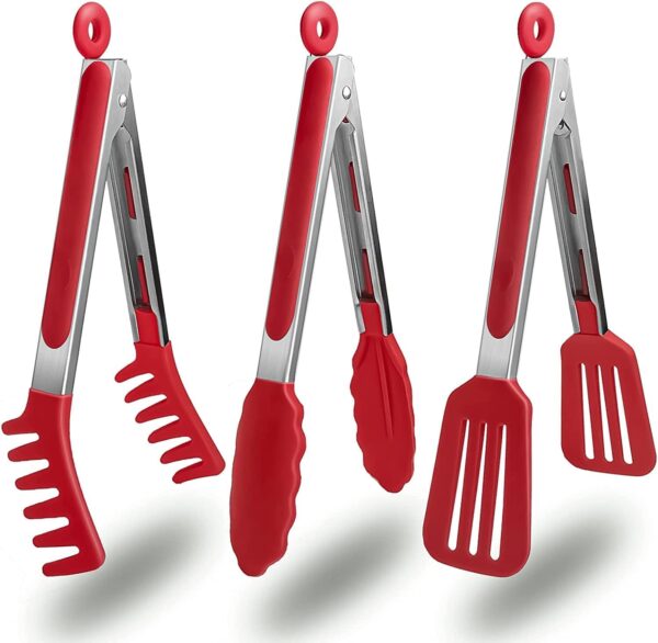 Set of 3 Stainless Steel Food Tongs with Silicone Tips, 3 Types Heavy Duty Non-Stick Clamp Clip for Kitchen BBQ Cooking Grilling Buffet Noodles Salad Steak (RED)