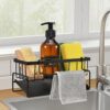 Sink Storage Rack, Kitchen Organiser, Stainless Steel Storage Box with Sink Storage Rack, Kitchen Organiser, Stainless Steel Storage Box with Drip Tray, Suitable for Storing Sponges, Towels and Tea Towels (Black)