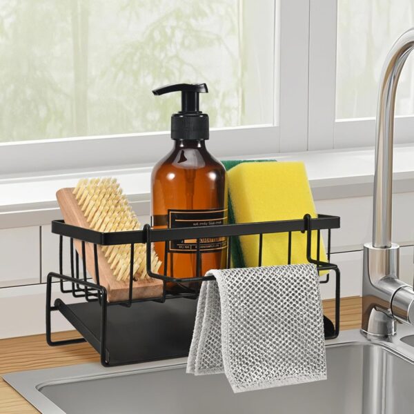 Sink Storage Rack, Kitchen Organiser, Stainless Steel Storage Box with Sink Storage Rack, Kitchen Organiser, Stainless Steel Storage Box with Drip Tray, Suitable for Storing Sponges, Towels and Tea Towels (Black)