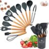 Snivy Kitchen Utensil Set 12-Piece, Silicone Cooking Utensils, Cooking Cutlery Set, Non-Stick Cooking Set, Kitchen Utensils Heat Resistant Cookware with Wooden Handle, Dishwasher Safe