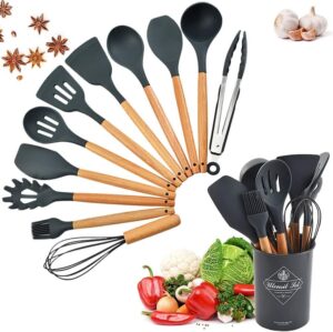 Snivy Kitchen Utensil Set 12-Piece, Silicone Cooking Utensils, Cooking Cutlery Set, Non-Stick Cooking Set, Kitchen Utensils Heat Resistant Cookware with Wooden Handle, Dishwasher Safe