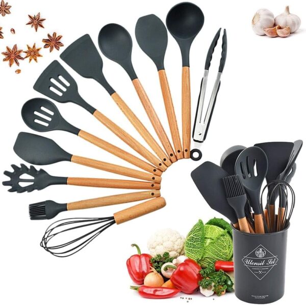 Snivy Kitchen Utensil Set 12-Piece, Silicone Cooking Utensils, Cooking Cutlery Set, Non-Stick Cooking Set, Kitchen Utensils Heat Resistant Cookware with Wooden Handle, Dishwasher Safe