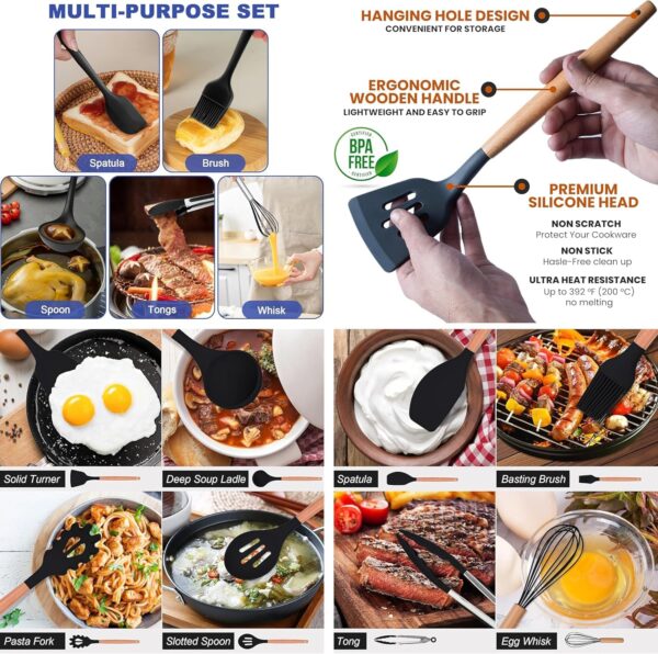 Snivy Kitchen Utensil Set 12-Piece, Silicone Cooking Utensils, Cooking Cutlery Set, Non-Stick Cooking Set, Kitchen Utensils Heat Resistant Cookware with Wooden Handle, Dishwasher Safe