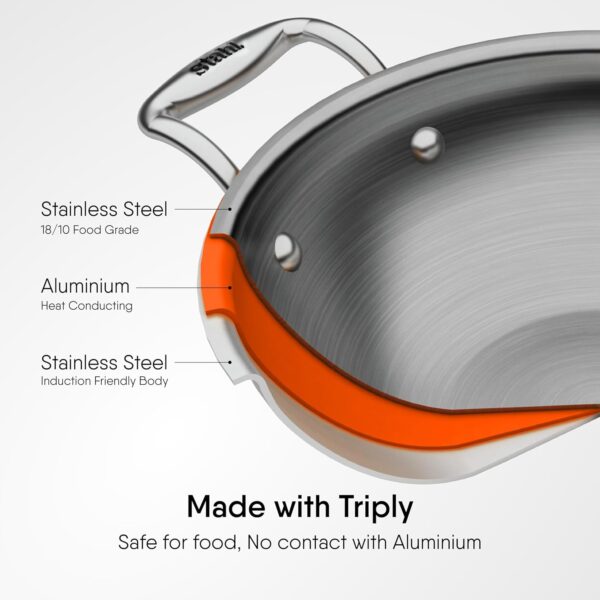 Stahl Artisan Triply 3.3 L, 26 cm Stainless Steel Kadhai with Lid,Kadai for Cooking, Stainless Steel Cookware Triply Kadai, Induction & Gas Stove Compatible