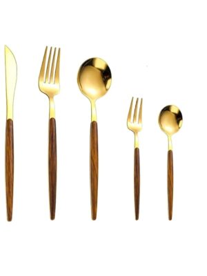 Stainless Steel Cooking & Serving Spoon Set of 5 (Gold Finish) | Premium Cutlery Set with Spoon, Fork & Knife | Luxury Mirror Polish Kitchen Serving Tools for Dining, Buffet, Parties & Gifting