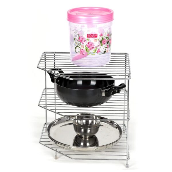Stainless Steel Corner Rack/Storage Shelf/Dish Rack/Kitchen Storage Rack/Bowl Rack/Shelf for Plates Bowls & Cups/Kitchen Organizer (Size- 29.5X29.5X29.5 cm)