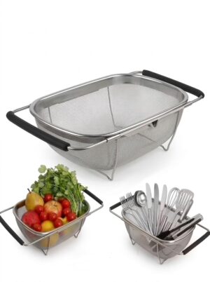 Stainless Steel Expandable Kitchen Sink Drainer – Adjustable Over the Sink Colander & Vegetable Washer Basket – Multi-Purpose Fruit,Rice & Dish Drying Rack for Kitchen Organization (Silver)