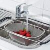 Stainless Steel Expandable Kitchen Sink Drainer – Adjustable Over the Sink Colander & Vegetable Washer Basket – Multi-Purpose Fruit,Rice & Dish Drying Rack for Kitchen Organization (Silver)