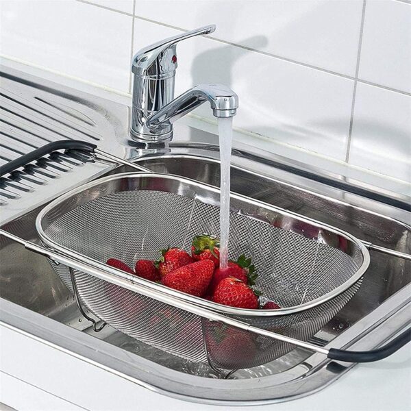 Stainless Steel Expandable Kitchen Sink Drainer – Adjustable Over the Sink Colander & Vegetable Washer Basket – Multi-Purpose Fruit,Rice & Dish Drying Rack for Kitchen Organization (Silver)