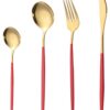 Stainless Steel Flatware Set - Mirror Polished Cutlery for Dinner, Stainless Steel Flatware Set - Mirror Polished Cutlery for Dinner, Kitchen Utensil Set with Fork, Spoon, Knife - Silverware Tableware for Lunch Box (Set of 4, Golden - Red)