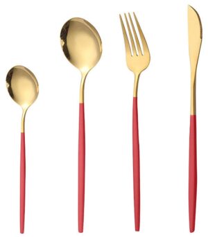 Stainless Steel Flatware Set - Mirror Polished Cutlery for Dinner, Kitchen Utensil Set with Fork, Spoon, Knife - Silverware Tableware for Lunch Box (Set of 4, Golden - Red)