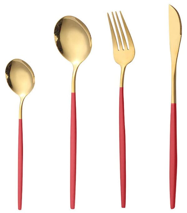 Stainless Steel Flatware Set - Mirror Polished Cutlery for Dinner, Stainless Steel Flatware Set - Mirror Polished Cutlery for Dinner, Kitchen Utensil Set with Fork, Spoon, Knife - Silverware Tableware for Lunch Box (Set of 4, Golden - Red)