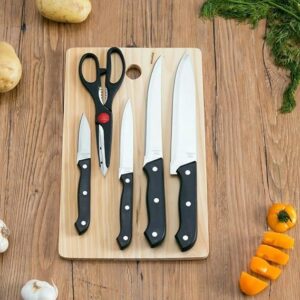 Stainless Steel Kitchen 5-Pcs Knife Set with Wooden Chopping Board & Scissor Vegetable & Meat Cutting (Set of 5 + 1 Wooden Chopping Board)
