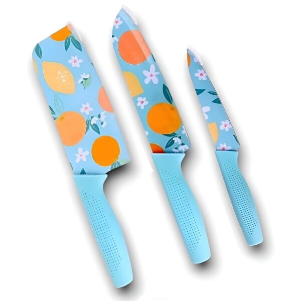 Stainless Steel Kitchen Knife Set with Color Printed Blades | Sharp Cutting Knives with Non-Slip Handle for Home & Professional Use (Multicolor) (Pack of 3)