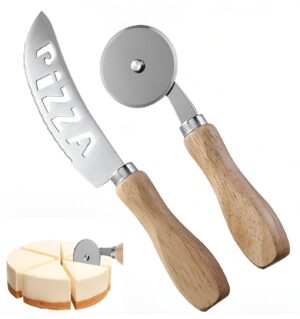 Stainless Steel Pizza Cutter & Rocker Knife Set with Wooden Handle – 2-in-1 Pizza Slicer Wheel and Pizza Knife for Easy Cutting, Dishwasher Safe Kitchen Tool. [Pack of 2 Cutter]