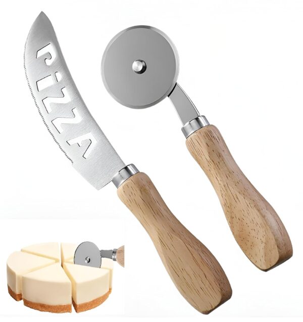 Stainless Steel Pizza Cutter & Rocker Knife Set with Wooden Handle – 2-in-1 Pizza Slicer Wheel and Pizza Knife for Easy Cutting, Dishwasher Safe Kitchen Tool. [Pack of 2 Cutter]