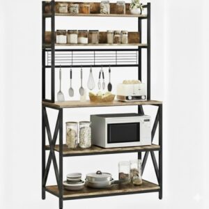 TEKAVO Lita 5-Tier Kitchen Organizer Rack|Multipurpose Microwave Stand for Kitchen Platform & OTG Oven|Steel Utensils Storage Shelf with Hooks| (60x40x170 cm) (Rustic Brown)