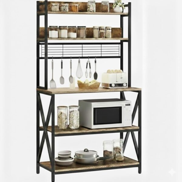 TEKAVO Lita 5-Tier Kitchen Organizer Rack|Multipurpose Microwave Stand for Kitchen TEKAVO Lita 5-Tier Kitchen Organizer Rack|Multipurpose Microwave Stand for Kitchen Platform & OTG Oven|Steel Utensils Storage Shelf with Hooks| (60x40x170 cm) (Rustic Brown)