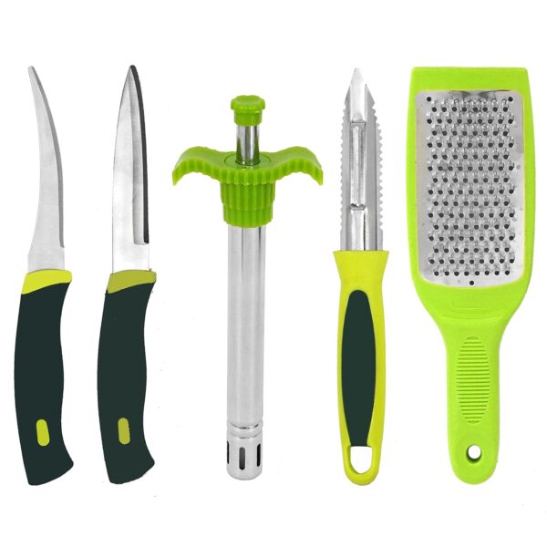 TULMAN 5pcs Multipurpose Kitchen Combo Knife Set Kitchen uitility Combo-Vegetable Cutter with Peeler,Cheese/Ginger Grater & Stainless Steel Gas Lighter with 2 Knife - Green