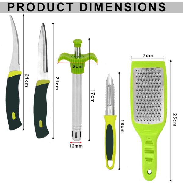 TULMAN 5pcs Multipurpose Kitchen Combo Knife Set Kitchen uitility Combo-Vegetable Cutter with Peeler,Cheese/Ginger Grater & Stainless Steel Gas Lighter with 2 Knife - Green