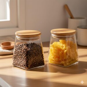The Better Home Borosilicate Glass Jars Set for kitchen | The Better Home Borosilicate Glass Jars Set for kitchen | Airtight Glass Jar for Kitchen Storage | Leakproof Kitchen Jars Containers with Wooden Lid & Metal Loop | Multi-Utility| 360ML, Set of 2