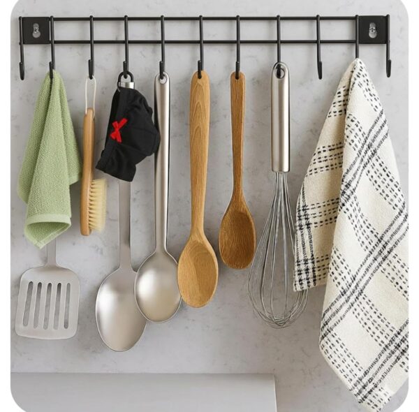 U-Shaped 12 Hooks Wall Mounted Kitchen Utensil Hanger Rack | Heavy Duty Metal Storage Holder for Cooking Tools, Pans & Accessories | Space Saving Organizer for Kitchen & Bathroom (Black, 2 Pc)