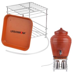 URBANMONK Flate Surface Matka Stand for Water Pot with Pipe Fitted Drain Water Try | Steel Matka Stand for Kitchen | Water Pot Stand for Kitchen | 8 X 8 X 7.5 Inch, (Pot & Glass NOT include)