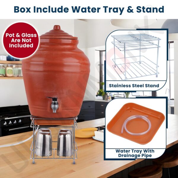 URBANMONK Flate Surface Matka Stand for Water Pot with Pipe Fitted Drain Water Try | Steel Matka Stand for Kitchen | Water Pot Stand for Kitchen | 8 X 8 X 7.5 Inch, (Pot & Glass NOT include)