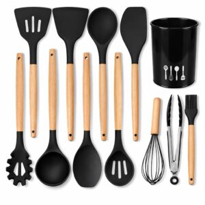 Umite Chef Silicone Kitchen Utensils Set 12 Pcs with Wooden Handles | Heat Resistant Non Stick Cooking Tools Set | Spatula Ladle Whisk Tongs Brush Kitchen Accessories Set - Black