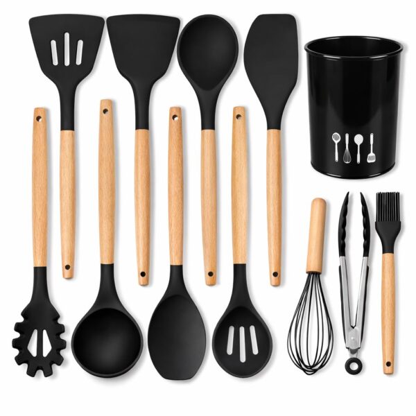 Umite Chef Silicone Kitchen Utensils Set 12 Pcs with Wooden Handles | Heat Resistant Non Stick Cooking Tools Set | Spatula Ladle Whisk Tongs Brush Kitchen Accessories Set - Black