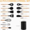 Umite Chef Silicone Kitchen Utensils Set 12 Pcs with Wooden Handles | Heat Resistant Non Stick Cooking Tools Set | Spatula Ladle Whisk Tongs Brush Kitchen Accessories Set - Black