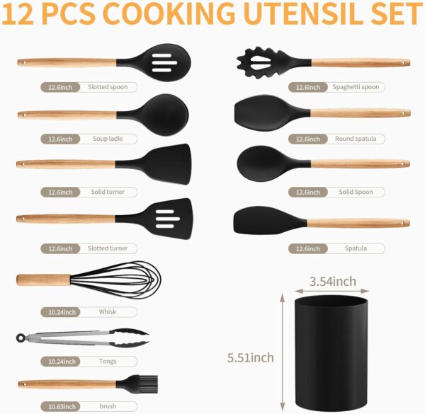 Umite Chef Silicone Kitchen Utensils Set 12 Pcs with Wooden Handles | Heat Resistant Non Stick Cooking Tools Set | Spatula Ladle Whisk Tongs Brush Kitchen Accessories Set - Black
