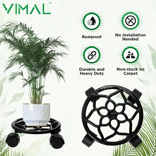 VIMAL Cast Aluminium Plant Stand - Heavy Duty Metal Plant Stand - Outdoor Indoor Plant Caddy with Wheels - Round Flower Pot Trolley | Rolling Tray Coaster | Flower Pot Rack with Wheel - Black - (2PC)