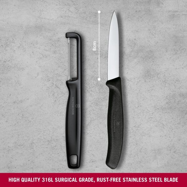 Victorinox Swiss Made Stainless Steel Swiss Classic Paring Knife Kitchen Knife 8 cm Straight Edge with I-Peeler Set (2 Pcs) Black | 6.7113.21
