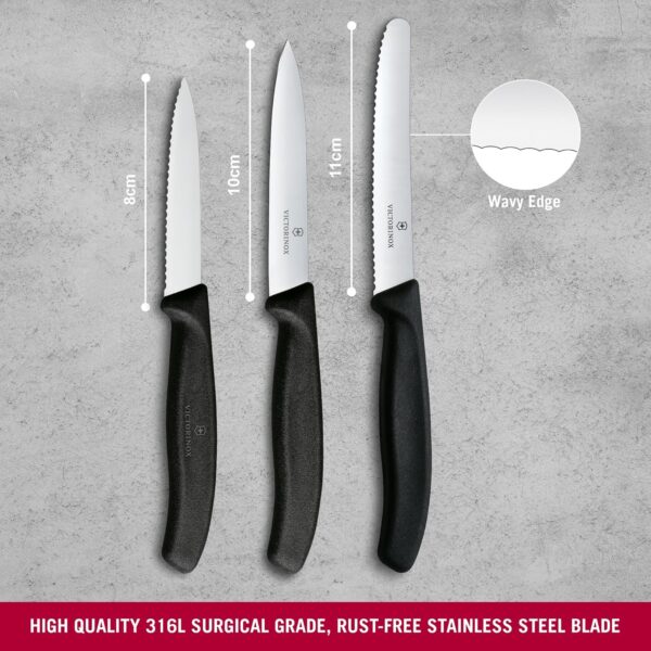 Victorinox Swiss Made Stainless Steel Swiss Classic Paring Knife Kitchen Knife Set (3 Pcs) Straight Edge 10 cm and Wavy Edge 10,11 cm Knives Black | 6.7113.34