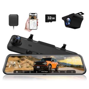WOLFBOX G840H 12" Touchscreen Mirror Dash Cam with WiFi, 2.5K WOLFBOX G840H 12" Touchscreen Mirror Dash Cam with WiFi, 2.5K Rear View Mirror Camera with 1080P Rear Camera, Mirror Dash Camera for Car Front and Rear, Parking Mode, WDR, Included 32GB Card and GPS
