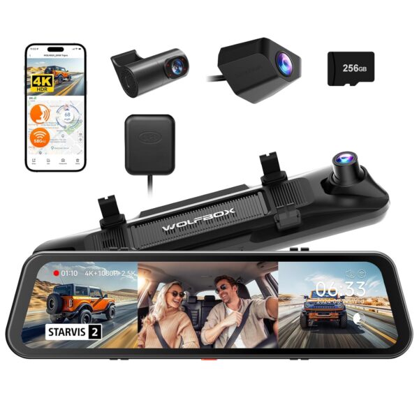 WOLFBOX G900 Tripro Cabin Version Dash Cam for Car, 3 WOLFBOX G900 Tripro Cabin Version Dash Cam for Car, 3 Channel 4K Mirror Dashcam, 8MP STARVIS 2 IMX678, 4K Front+1080P Inside+2.5K Rear Car Dash Camera, 5.8GHz WiFi, Voice Control, 256GB Card Included