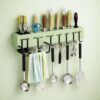 Wall Mounted Kitchen Organizer Rack with Knife Holder Slots, Utensil Hanging Hooks, Towel Bar and Storage Cup, Drill or Adhesive Installation Kitchen Storage Shelf Unit (GREEN__01)